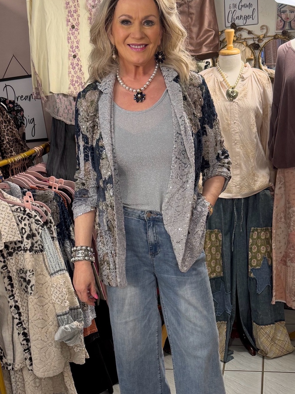 Women's Gray Floral Sequin Open Blazer Jacket